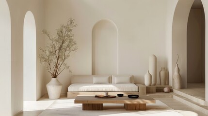 Minimalist Living Room with White Walls and Archways