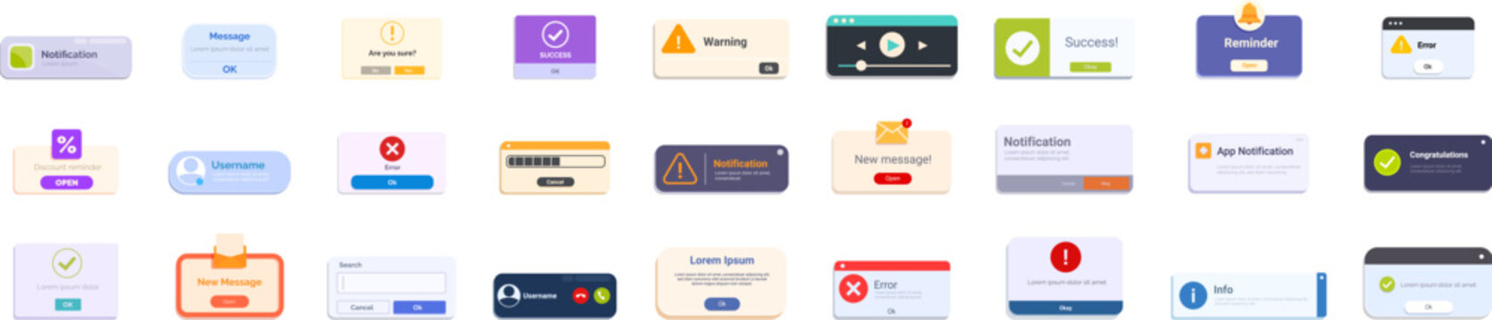 Alert box ui icons set. Collection of modern flat style notification windows displaying different alerts for user interface