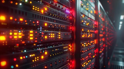 Obraz premium Close-up View of Modern Data Center Server Rack with Blinking LED Lights - Generative AI