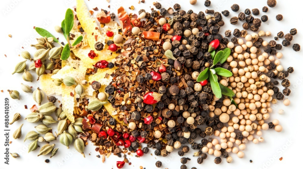 Poster A close-up view of various spices piled up on a white surface