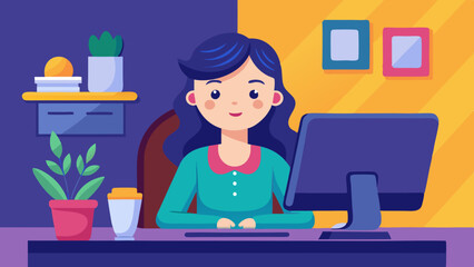 This female avatar sitting at a computer vector art illustration