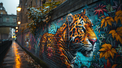 Obraz premium vibrant mural of leopard in urban setting, detailed graffiti art blending nature and city elements, colorful and expressive street scene