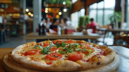 Delicious pizza with fresh toppings in a cozy restaurant.