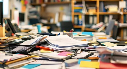 Chaotic office desk with documents, office supplies, and open office layout
