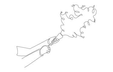 Continuous one line drawing of hands shooting party popper confetti, event celebration concept, single line art.
