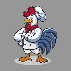 a chicken with a red hat on it stands in front of a white and gray background.