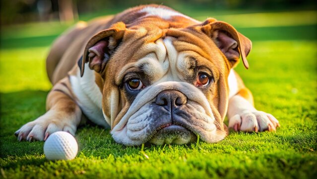 A lazy bulldog sprawls on vibrant green, gazing at a golf ball with a disinterested, unimpressed facial expression, conveying boredom.