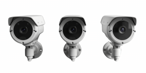 Three security cameras are mounted on a wall