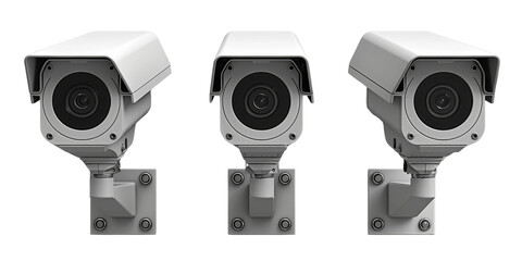 Three security cameras are mounted on a wall