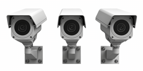 Three security cameras are mounted on a wall