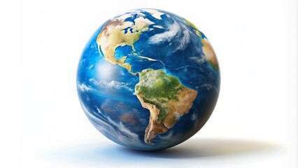 Fototapeta premium Isolated stunning high-resolution earth globe spinning axis vivid blue oceans white cloudy atmosphere suspended isolated pure white background.