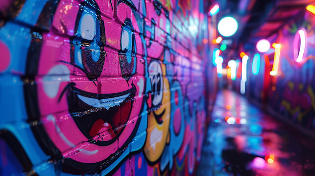 vibrant graffiti alley with neon lights and cartoon characters, colorful street art and hip-hop culture symbols, dynamic and energetic urban scene