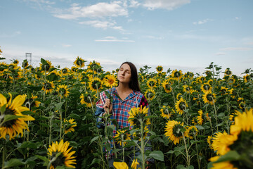 Fototapeta premium Woman is alone, free and happy in a field of sunny sunflowers