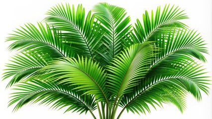 Fototapeta premium Vibrant green palm tree leaves isolated on a crisp white background, showcasing tropical evergreen elegance in high-resolution detail.