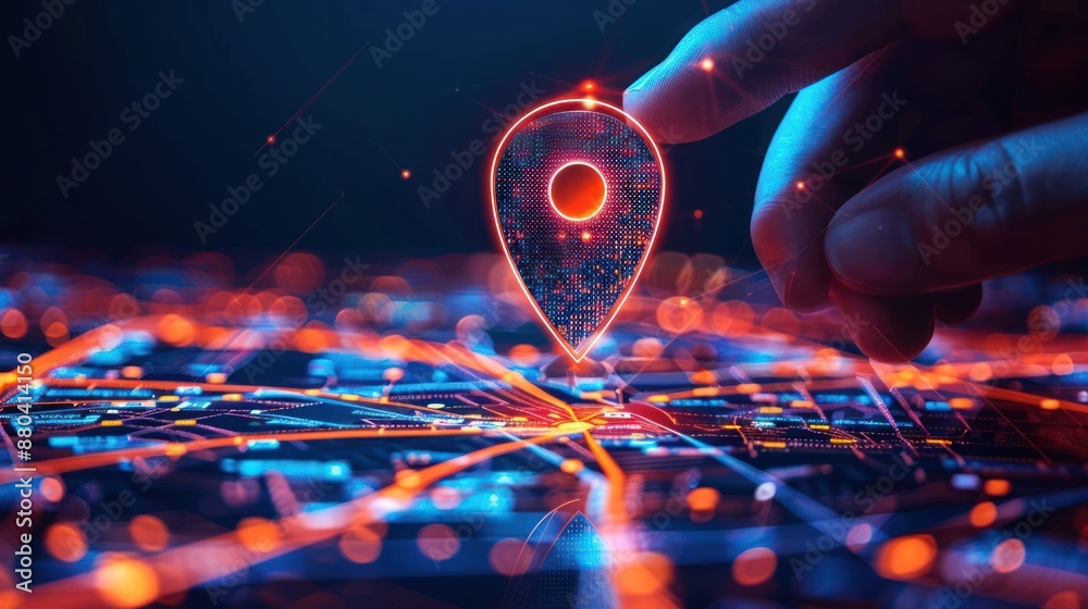 Aufkleber glowing digital map location pin on futuristic circuit board with hand