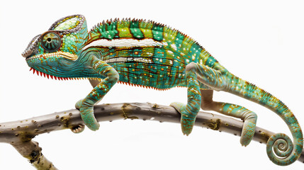 Obraz premium 枝に掴まるカメレオン、サイドビュー。白い背景