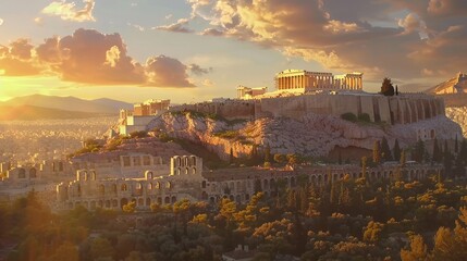 Iconic Athenian Acropolis at sunset, featuring the majestic Parthenon atop its hill.
