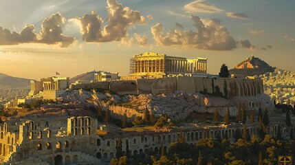 Obraz premium Iconic Athenian Acropolis at sunset, featuring the majestic Parthenon atop its hill.