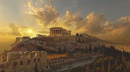 Fototapeta premium Iconic Athenian Acropolis at sunset, featuring the majestic Parthenon atop its hill.