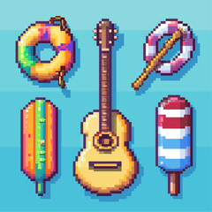 Naklejka premium Pixel art summer icons. guitar, ice cream, lifebuoy