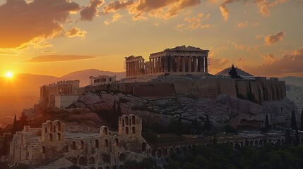 Fototapeta premium Iconic Athenian Acropolis at sunset, featuring the majestic Parthenon atop its hill.