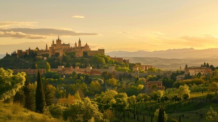 Obraz premium Panoramic view of the historic Alcázar of Segovia, a Spanish castle perched atop a hill amidst verdant greenery, as the sun casts a golden glow against a clear evening sky.