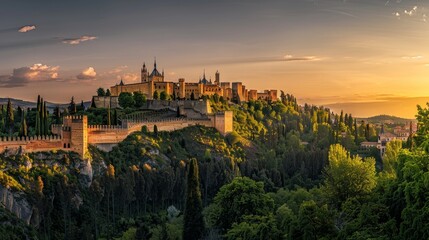 Obraz premium Panoramic view of the historic Alcázar of Segovia, a Spanish castle perched atop a hill amidst verdant greenery, as the sun casts a golden glow against a clear evening sky.