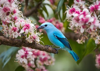 Obraz premium A Blue-gray Tanager is eating the flowers of a macro tree.
