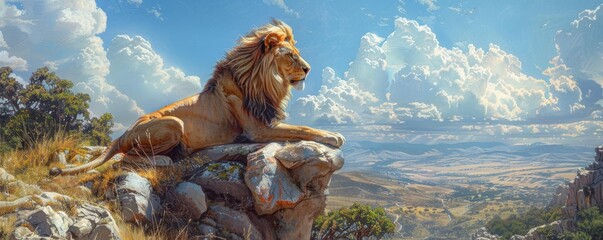A photorealistic painting of a majestic lion surveying its pride from atop a rocky outcrop.