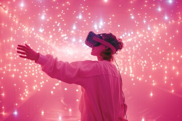 A woman wearing a virtual reality headset interacts with a digital world while standing in a room with pink walls and neon lights.