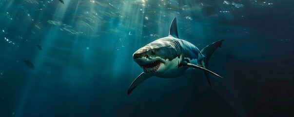 Naklejka premium Majestic great white shark patrolling the depths, 4K hyperrealistic photo