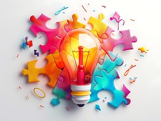 A bright light bulb surrounded by colorful puzzle pieces.