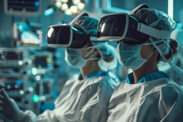 Two surgeons, wearing surgical scrubs and face masks, use virtual reality headsets in an operating room.