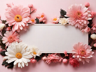 banner flowers rose daisies chrysanthemums on a pink background. AI generated