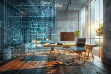 Modern Living Room With Smart Home Technology and Wireless Connectivity. A wall-mounted TV shows smart home icons for connected devices and wireless internet