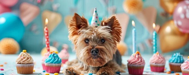 Adorable Yorkshire Terrier dog celebrating birthday with cupcakes and candles, colorful balloons in the background.