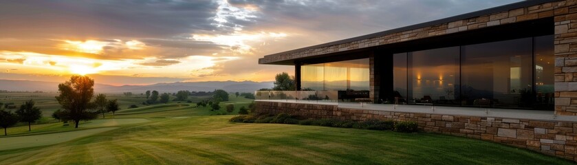 Obraz premium Modern Luxury House with Panoramic Windows Overlooking Scenic Golf Course at Sunset