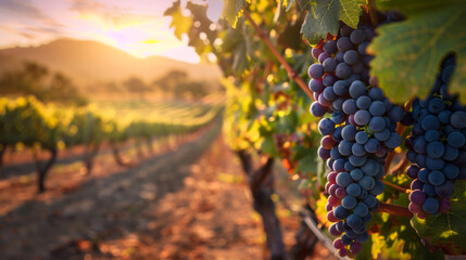 Naklejka premium Juicy bunches of grapes at sunset. Grapes twining from the vines in a vineyard against the backdrop of hills. Gardening concept.