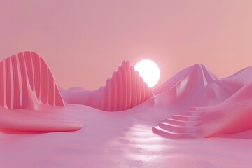 Fototapeta premium Surreal 3D landscape with pink mountains and sunset, minimalist abstract background. Concept of dream, imagination, and digital art.