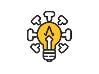 A simple, bold, and modern line art icon representing a lightbulb with arrows pointing outwards, symbolizing inspiration and innovation.
