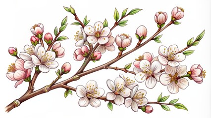 Elegant hand-drawn set of apricot blossoms and buds in modern line art style with black outline and white fill, showcasing spring beauty.