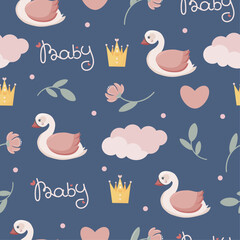 Princess swan nursery seamless pattern 