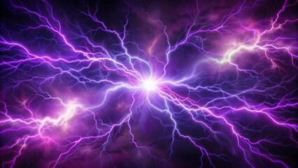 Vibrant purple lightning bolts illuminate a dark, misty abstract background with electrifying energy and dynamic, swirling patterns.