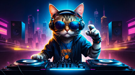 Cool Cat DJ Spinning Records in a Vibrant Neon City with Stylish Outfits and Modern Electronic Beats