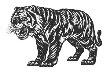 Obraz premium Hand drawn tiger silhouette in a minimal style. Black and white graphic illustration isolated on white background