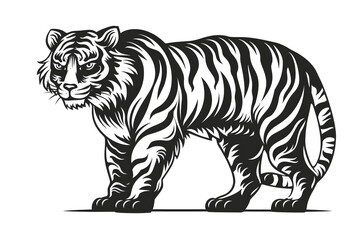 Fototapeta premium Hand drawn tiger silhouette in a minimal style. Black and white graphic illustration isolated on white background