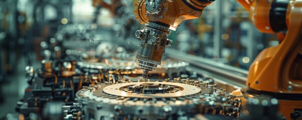 A robot arm assembling a complex piece of machinery, its movements precise and efficient.