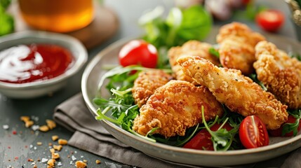 Deliciously cooked crispy chicken served on fresh salad.