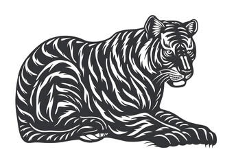Obraz premium Hand drawn tiger silhouette in a minimal style. Black and white graphic illustration isolated on white background