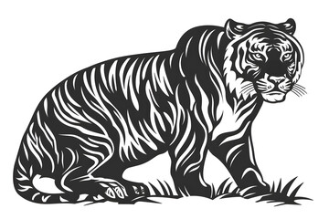 Fototapeta premium Hand drawn tiger silhouette in a minimal style. Black and white graphic illustration isolated on white background